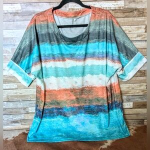 Women's Striped Watercolor Short Sleeve Top - Turquoise & Coral